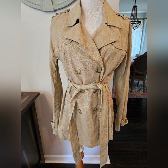 Old Navy Vintage Y2K •Size Small• Belted Linen Blend Pea Coat Tan - Picture 1 of 8